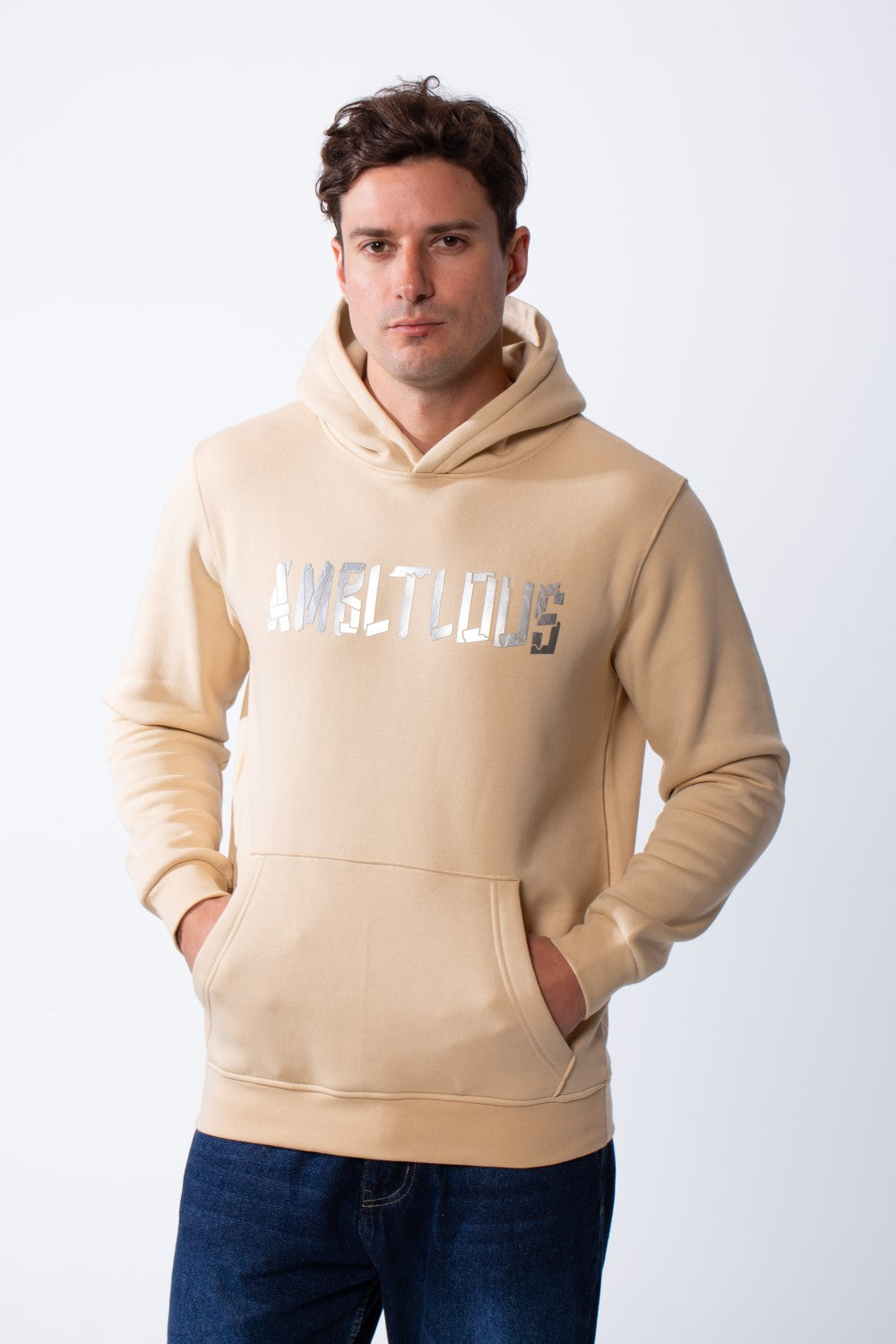 Men's Long Sleeves Metallic Front Bold Text Kangaroo Pockets Knit Melton Fabric Slim Fit Hood Sweatshirt