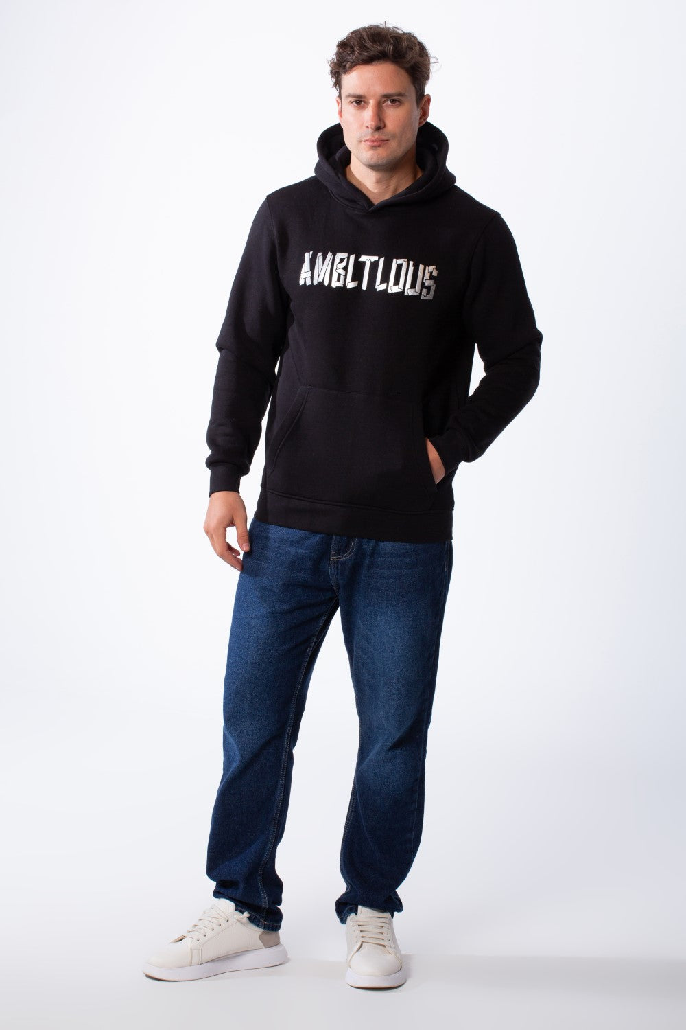 Men's Long Sleeves Metallic Front Bold Text Kangaroo Pockets Knit Melton Fabric Slim Fit Hood Sweatshirt