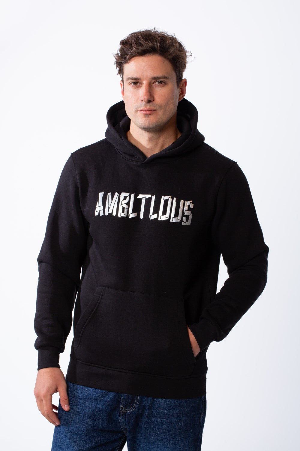 Men's Long Sleeves Metallic Front Bold Text Kangaroo Pockets Knit Melton Fabric Slim Fit Hood Sweatshirt