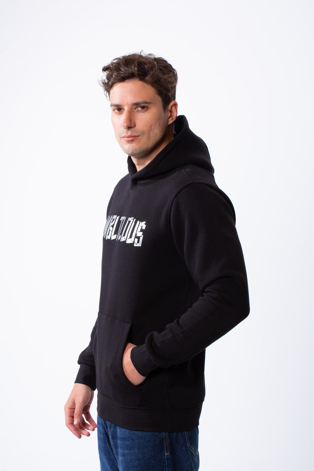 Men's Long Sleeves Metallic Front Bold Text Kangaroo Pockets Knit Melton Fabric Slim Fit Hood Sweatshirt