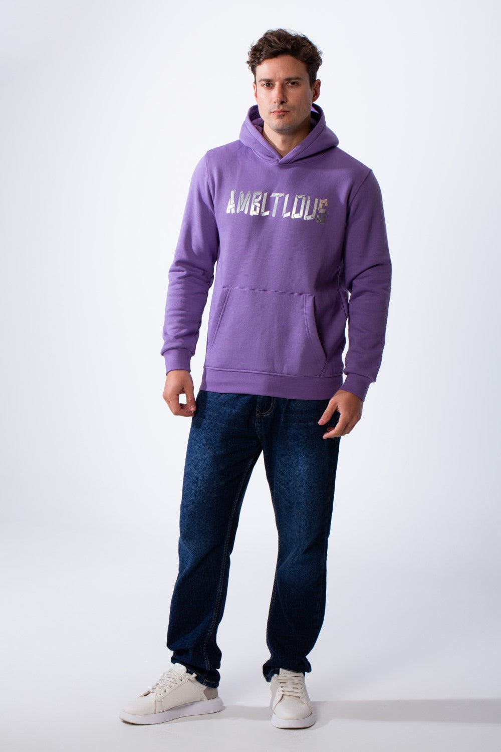 Men's Long Sleeves Metallic Front Bold Text Kangaroo Pockets Knit Melton Fabric Slim Fit Hood Sweatshirt