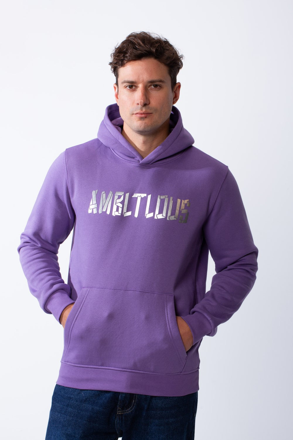 Men's Long Sleeves Metallic Front Bold Text Kangaroo Pockets Knit Melton Fabric Slim Fit Hood Sweatshirt