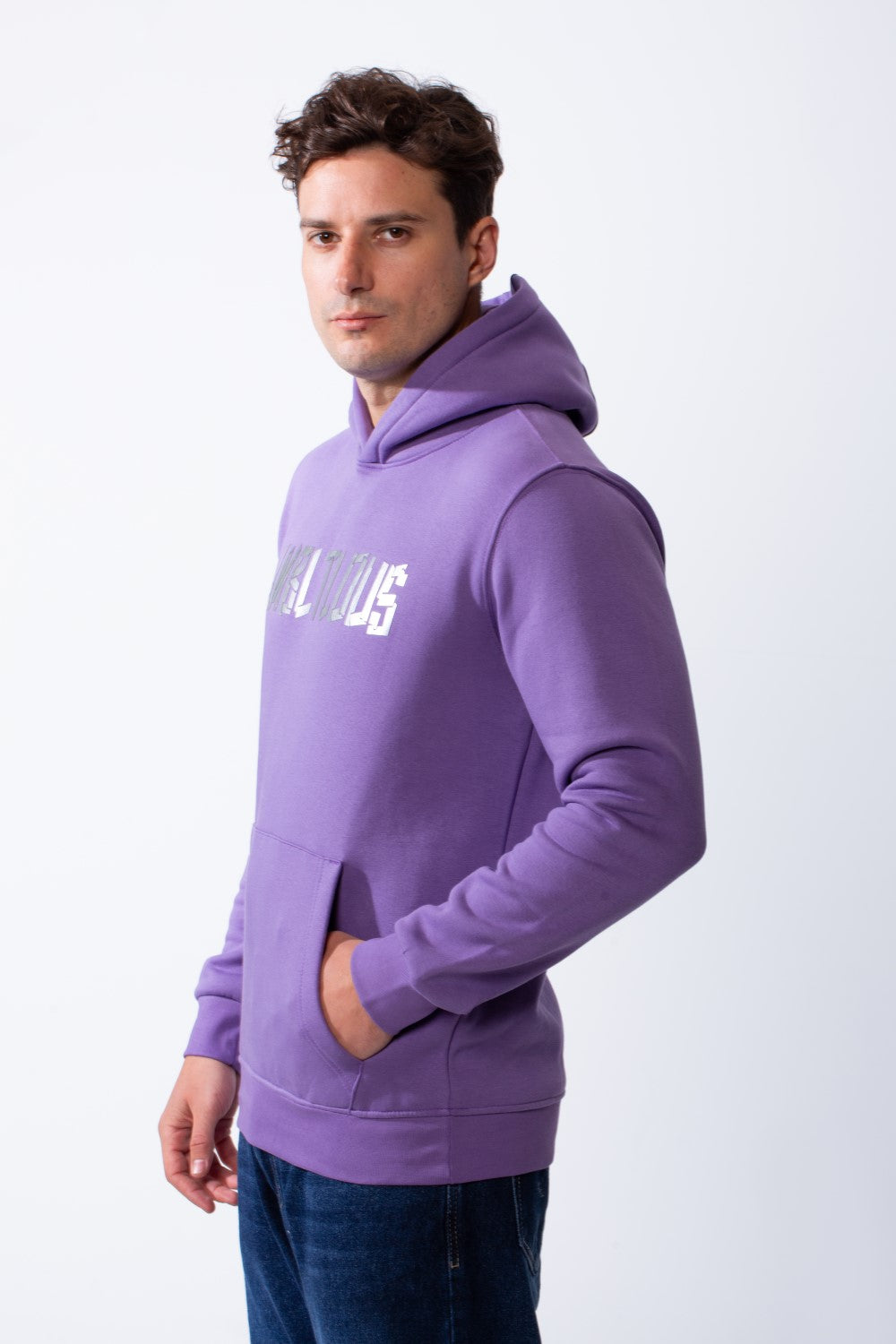 Men's Long Sleeves Metallic Front Bold Text Kangaroo Pockets Knit Melton Fabric Slim Fit Hood Sweatshirt