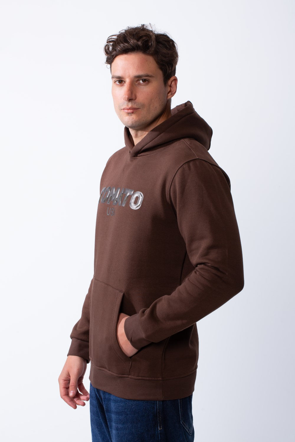 Men's Kangaroo Pockets Practical Hood Design Long Sleeve Bold Text Print Knit Melton Fabric Slim Fit Sweatshirt