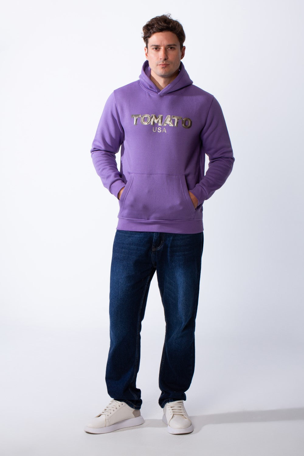 Men's Kangaroo Pockets Practical Hood Design Long Sleeve Bold Text Print Knit Melton Fabric Slim Fit Sweatshirt