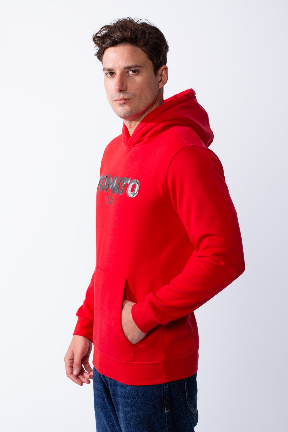 Men's Kangaroo Pockets Practical Hood Design Long Sleeve Bold Text Print Knit Melton Fabric Slim Fit Sweatshirt