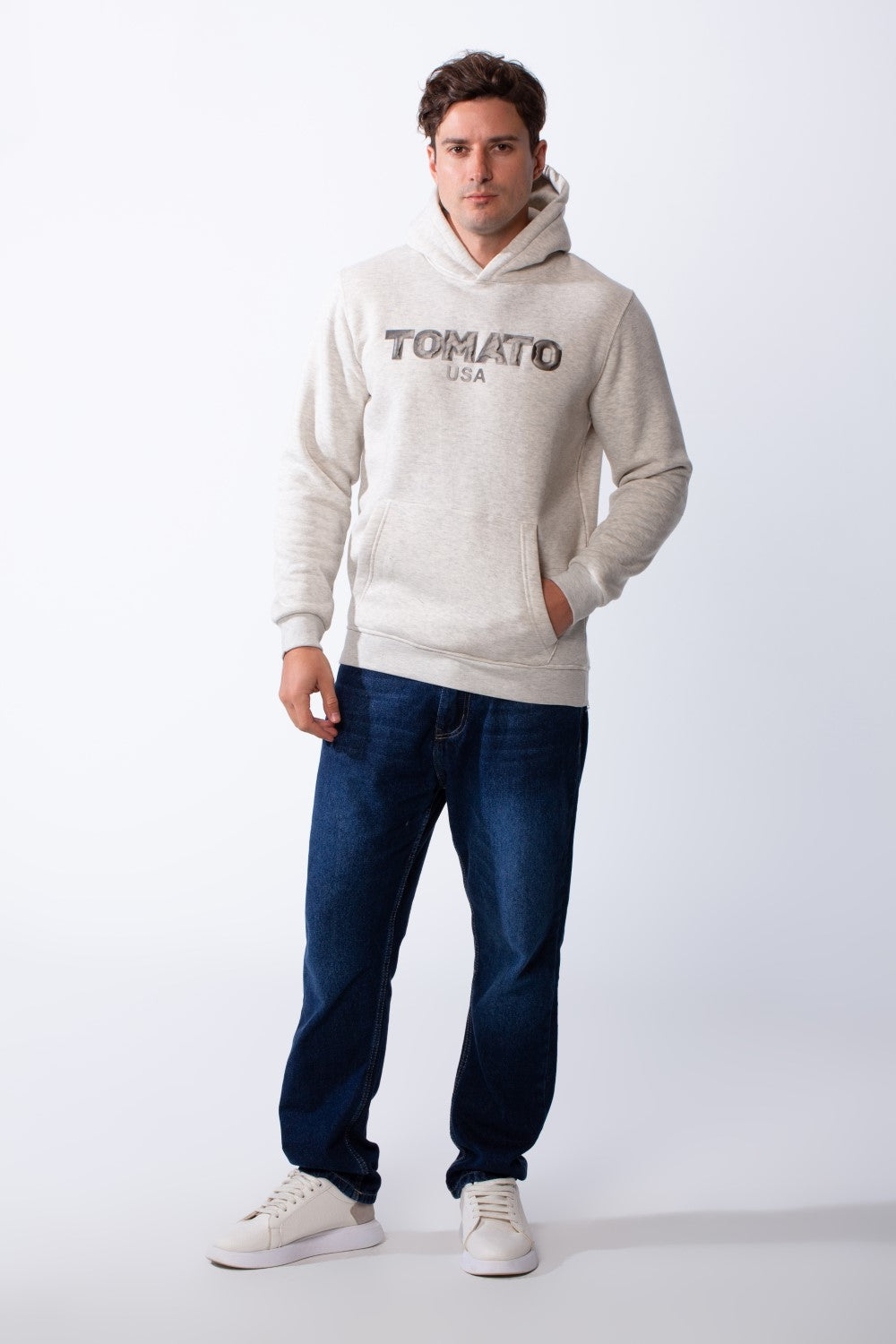 Men's Kangaroo Pockets Practical Hood Design Long Sleeve Bold Text Print Knit Melton Fabric Slim Fit Sweatshirt