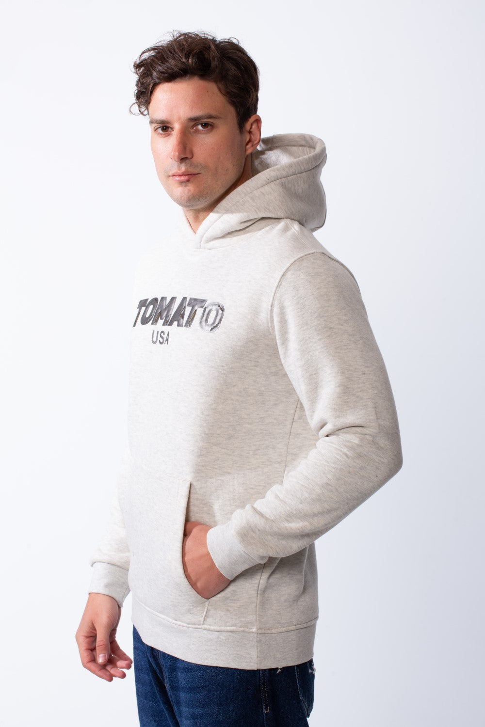 Men's Kangaroo Pockets Practical Hood Design Long Sleeve Bold Text Print Knit Melton Fabric Slim Fit Sweatshirt