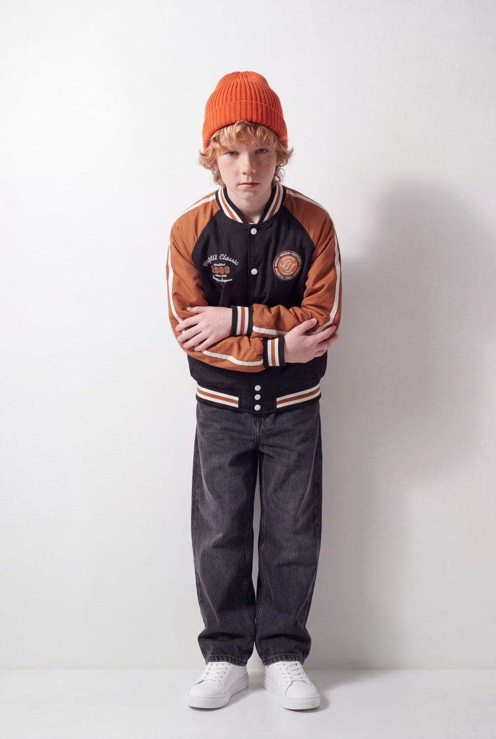 Boy's Tomato Store Melton Baseball Jacket Contrast Color Block Design Embroidered Patch Details