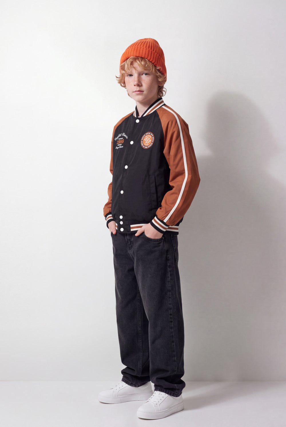 Boy's Tomato Store Melton Baseball Jacket Contrast Color Block Design Embroidered Patch Details