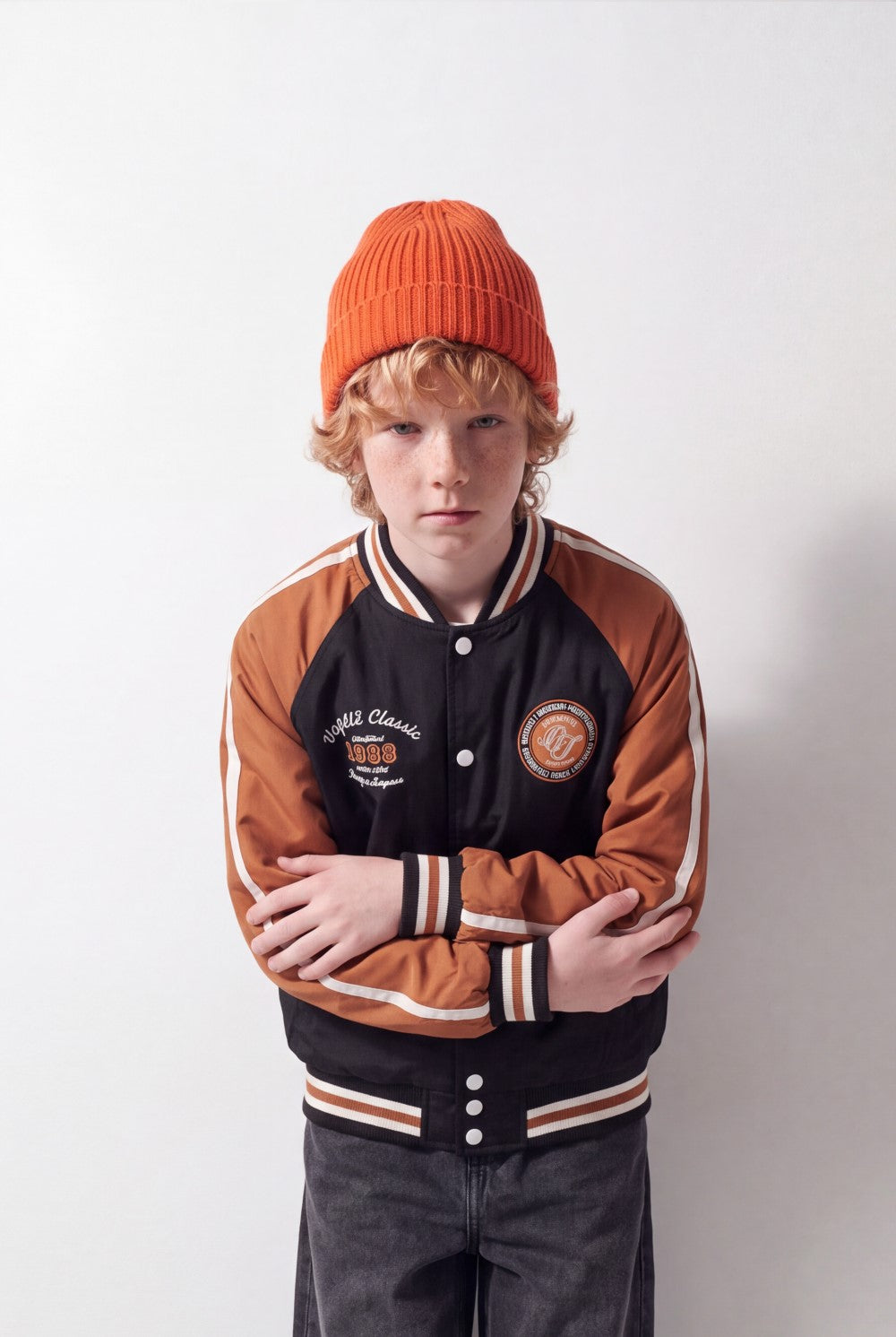 Boy's Tomato Store Melton Baseball Jacket Contrast Color Block Design Embroidered Patch Details