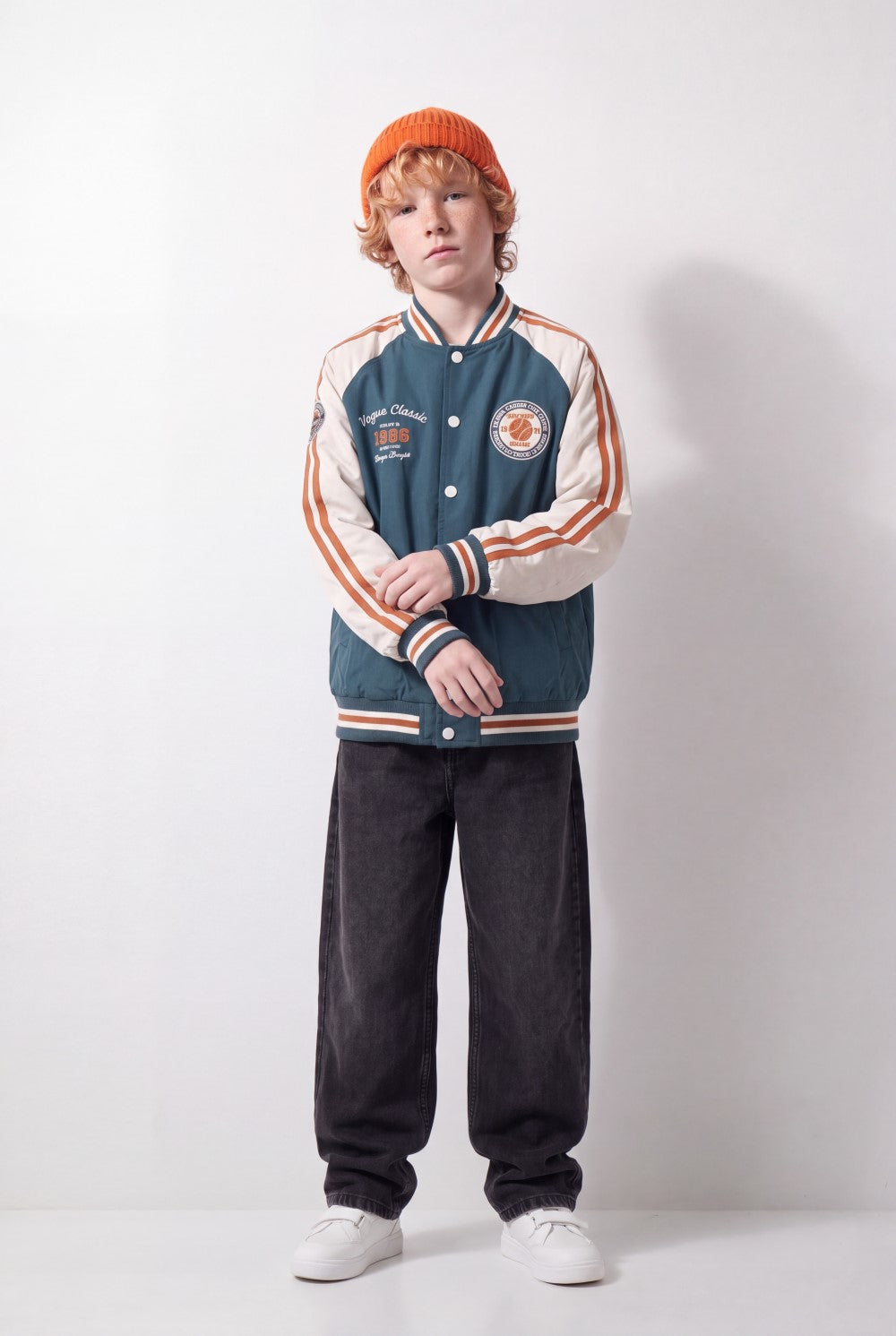 Boy's Tomato Store Melton Baseball Jacket Contrast Color Block Design Embroidered Patch Details