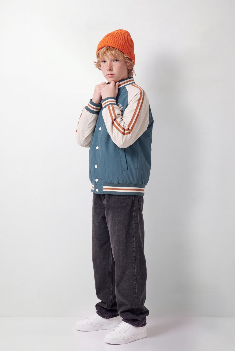 Boy's Tomato Store Melton Baseball Jacket Contrast Color Block Design Embroidered Patch Details
