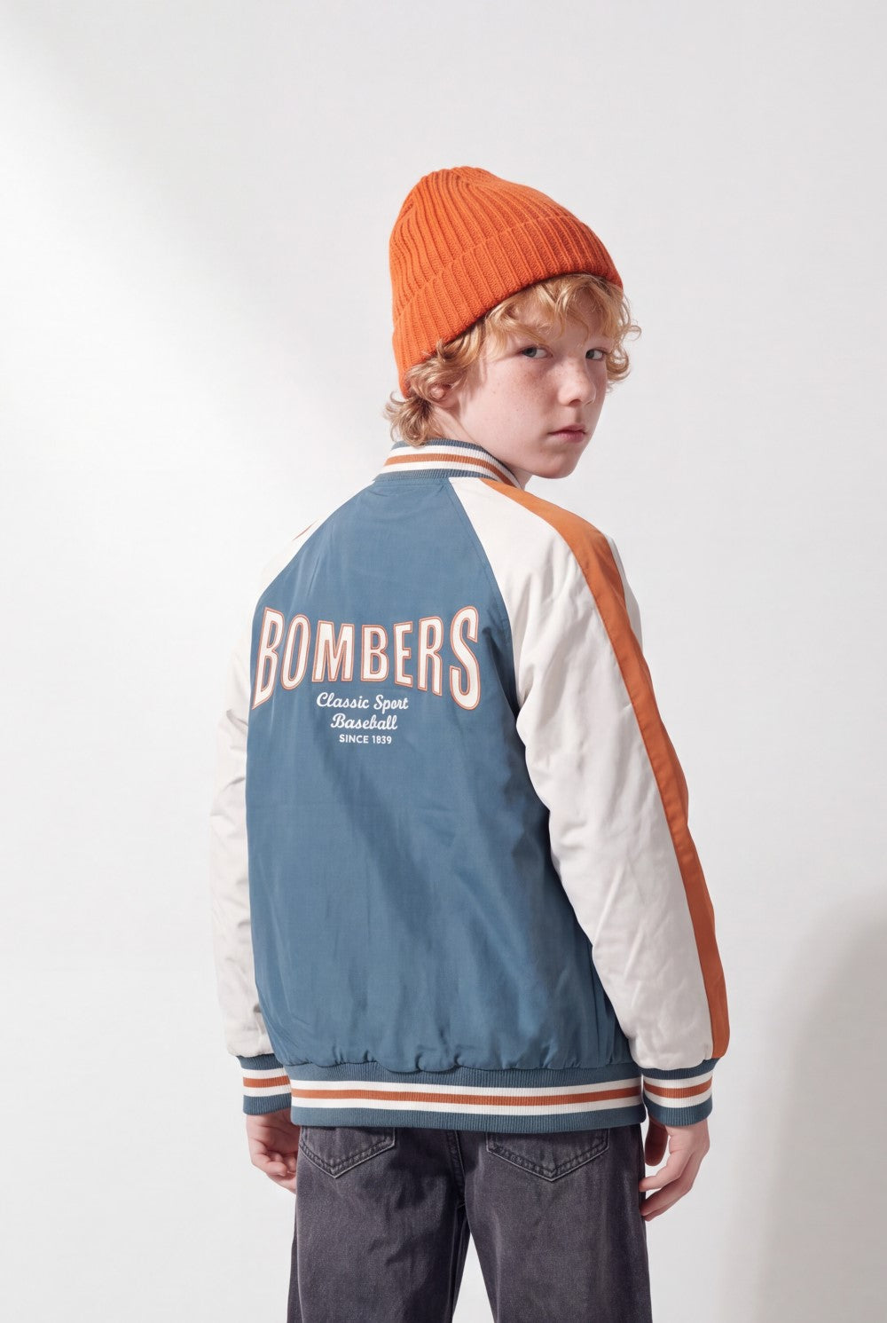 Boy's Tomato Store Melton Baseball Jacket Contrast Color Block Design Embroidered Patch Details