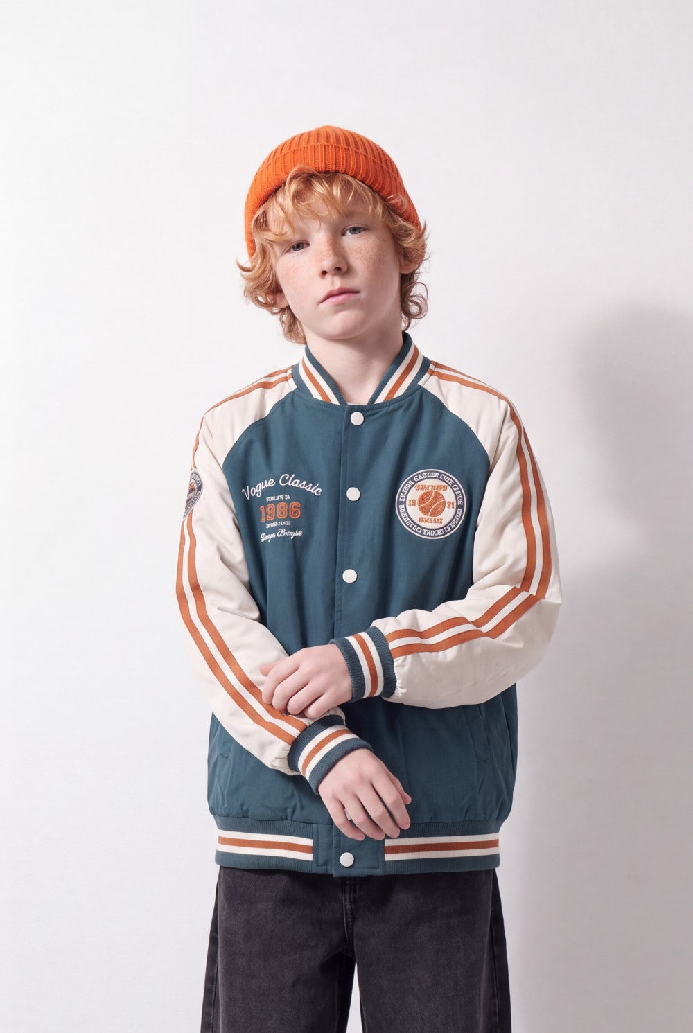 Boy's Tomato Store Melton Baseball Jacket Contrast Color Block Design Embroidered Patch Details