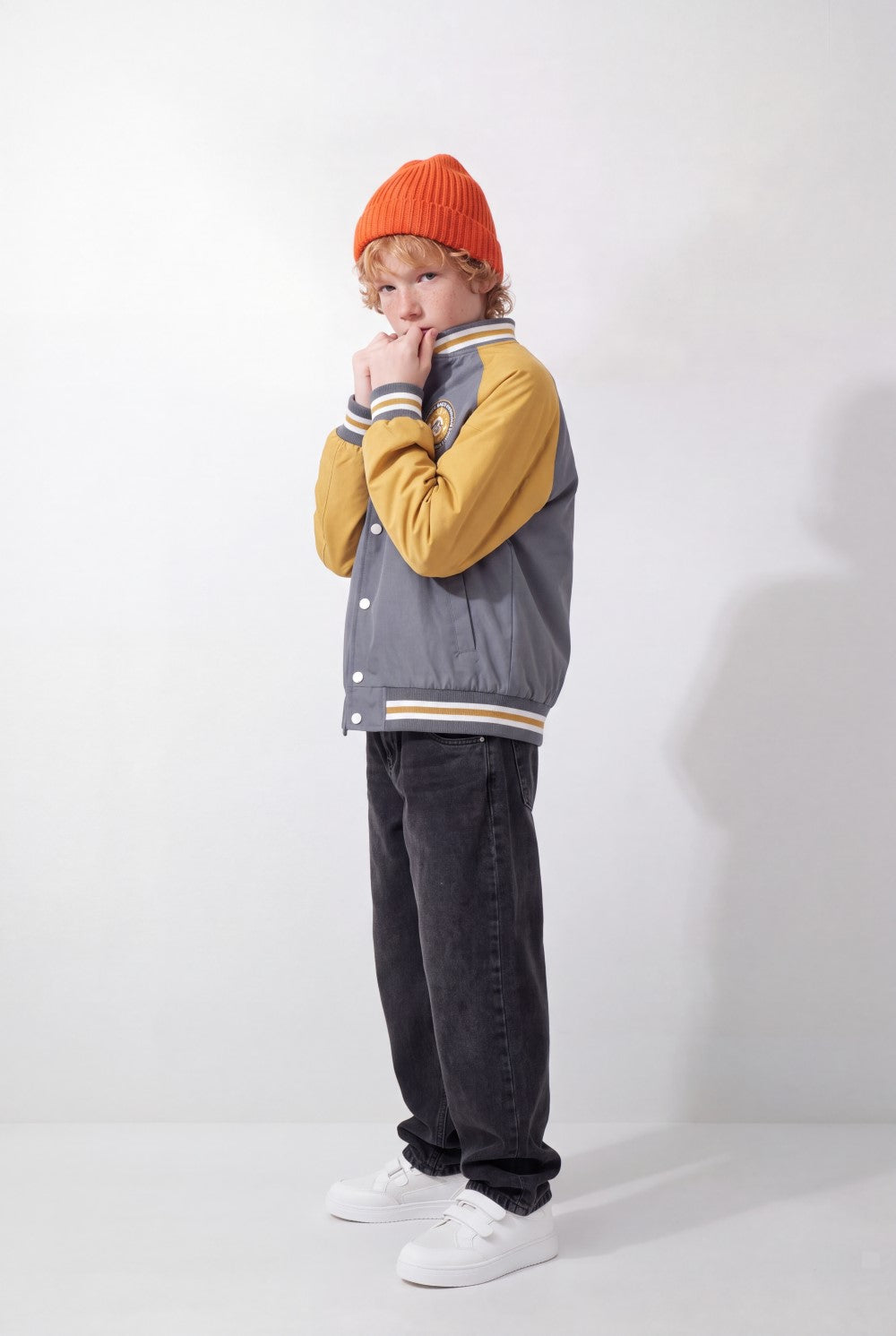 Boy's Tomato Store Melton Baseball Jacket Contrast Color Block Design Embroidered Patch Details