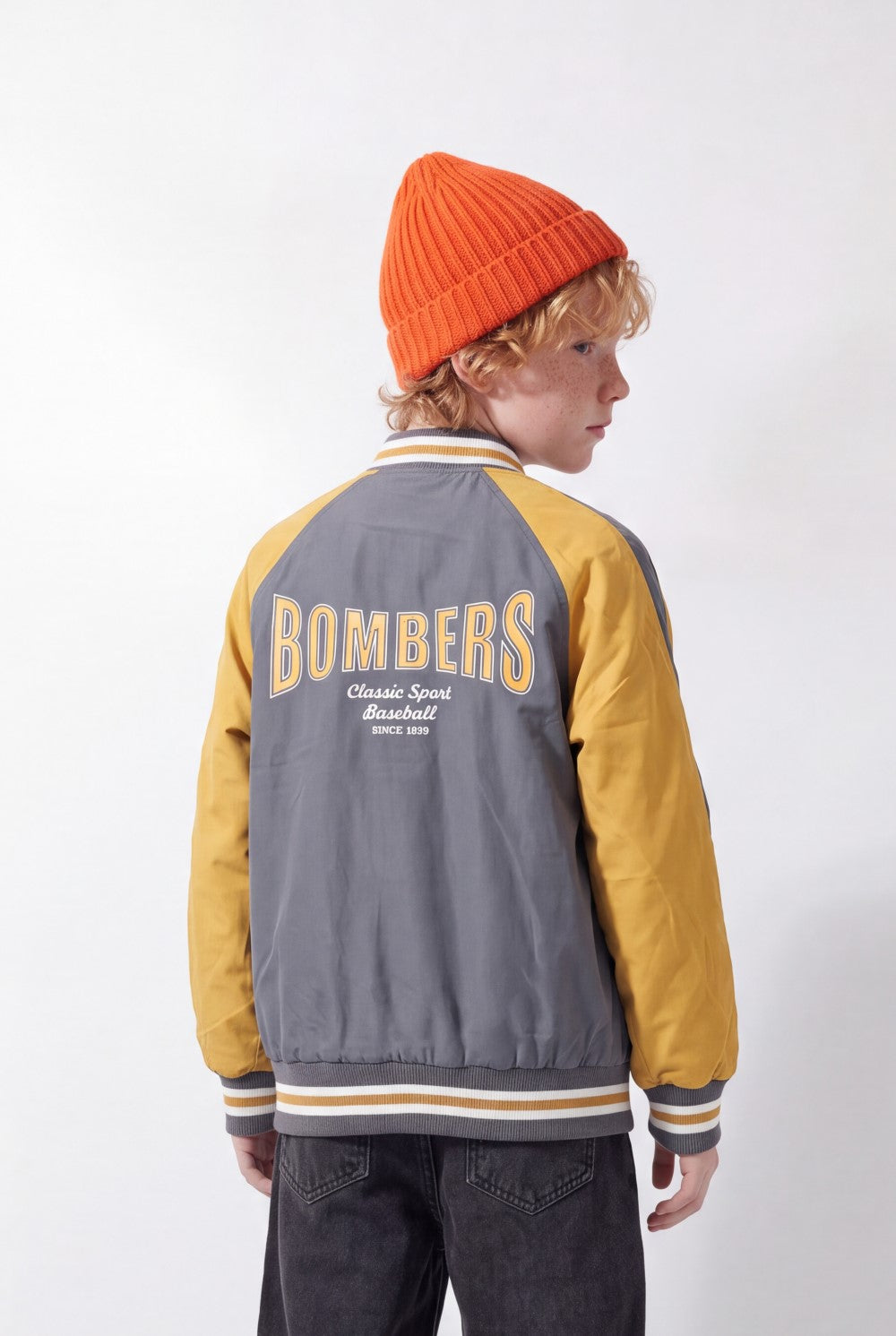 Boy's Tomato Store Melton Baseball Jacket Contrast Color Block Design Embroidered Patch Details