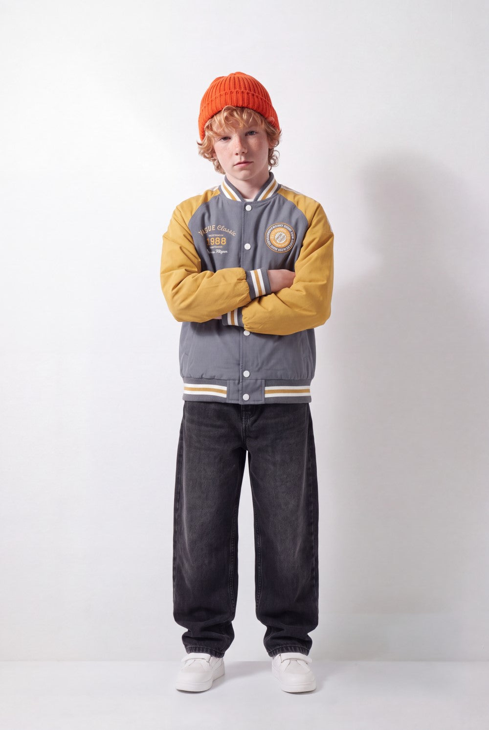 Boy's Tomato Store Melton Baseball Jacket Contrast Color Block Design Embroidered Patch Details