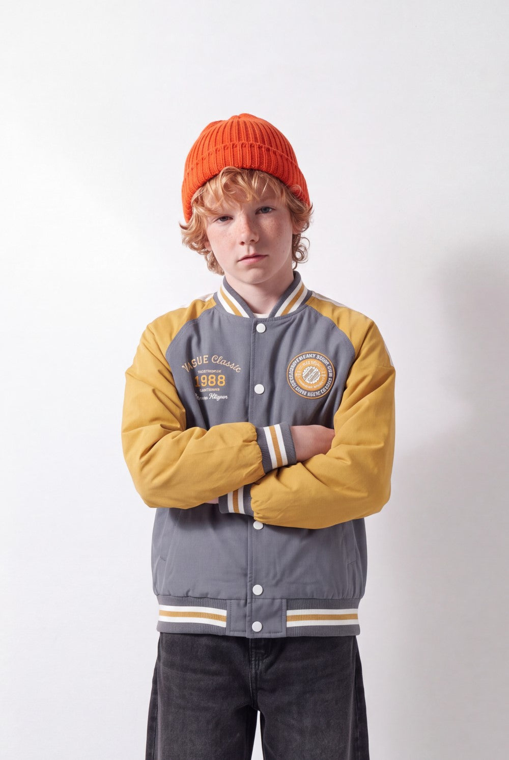 Boy's Tomato Store Melton Baseball Jacket Contrast Color Block Design Embroidered Patch Details
