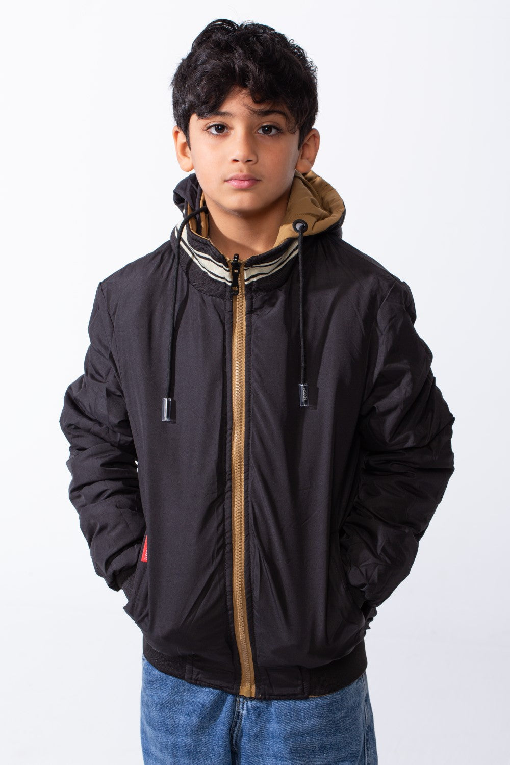 Boy’s Puffer Contrast Striped Rib Collar Waterproof Hood Jacket