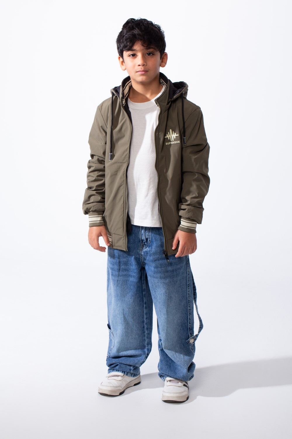 Boy’s Puffer Contrast Striped Rib Collar Waterproof Hood Jacket