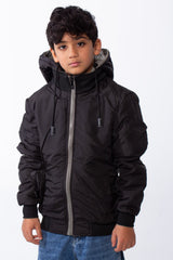 Boy’s Double Face Waterproof Stripe Sleeve Design Puffer Hooded Jacket