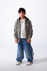 Boy’s Double Face Waterproof Stripe Sleeve Design Puffer Hooded Jacket