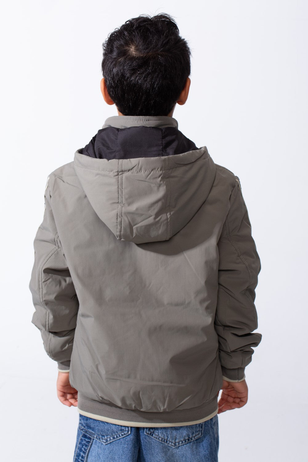 Boy’s Double Face Waterproof Stripe Sleeve Design Puffer Hooded Jacket