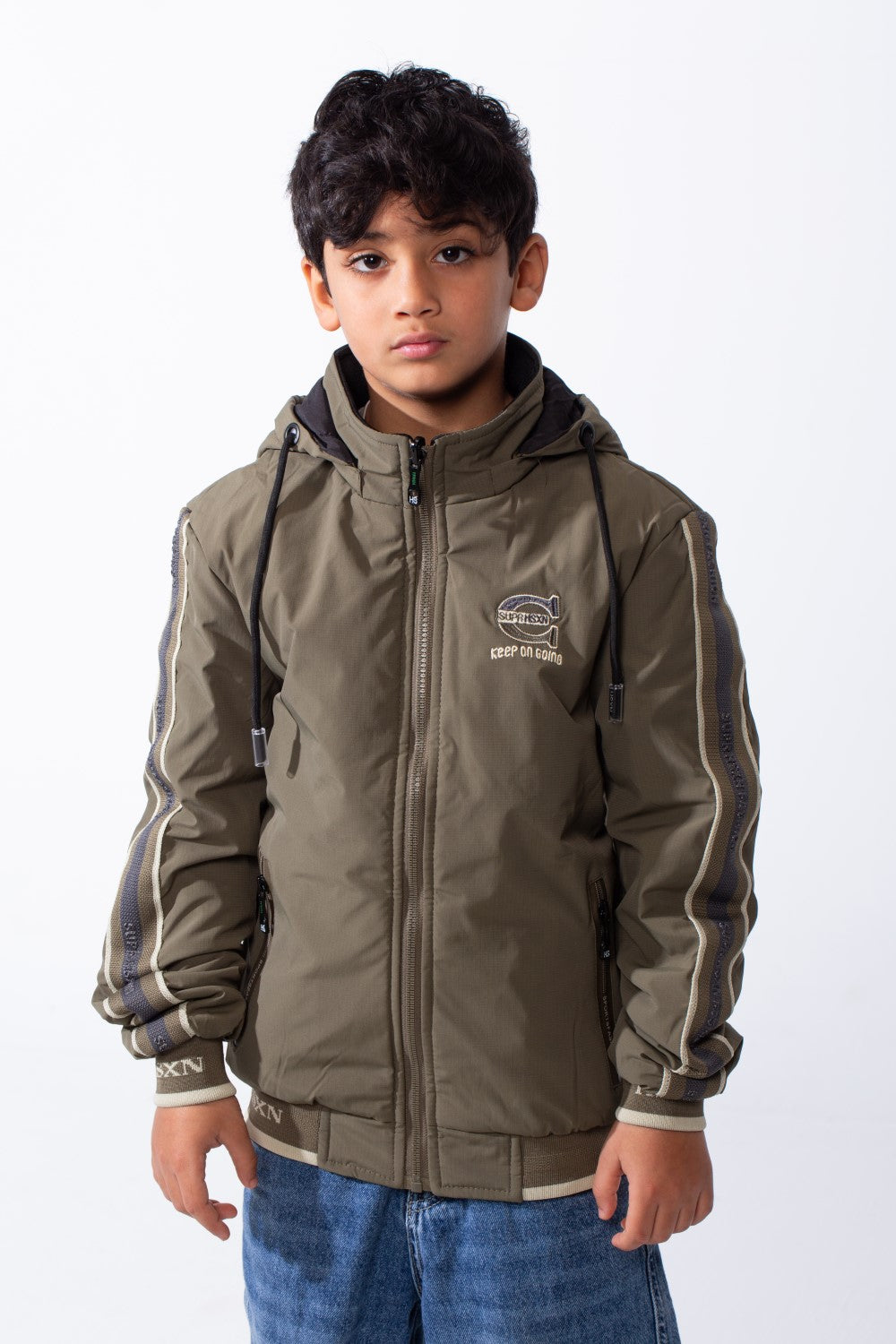 Boy’s Double Face Waterproof Stripe Sleeve Design Puffer Hooded Jacket