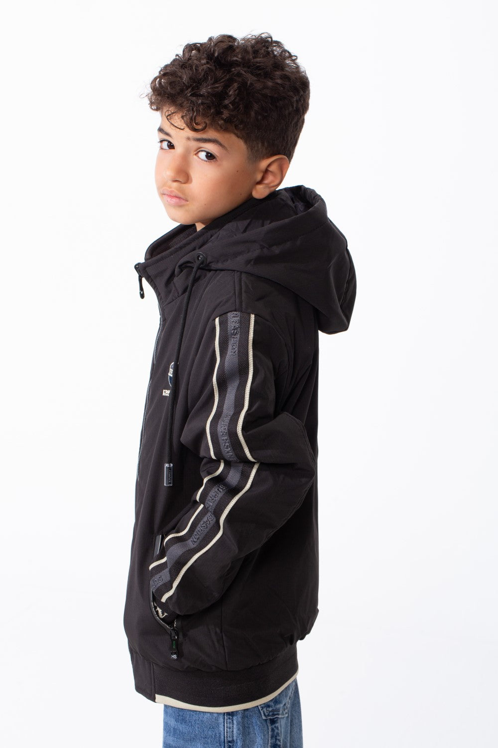 Boy’s Double Face Waterproof Stripe Sleeve Design Puffer Hooded Jacket