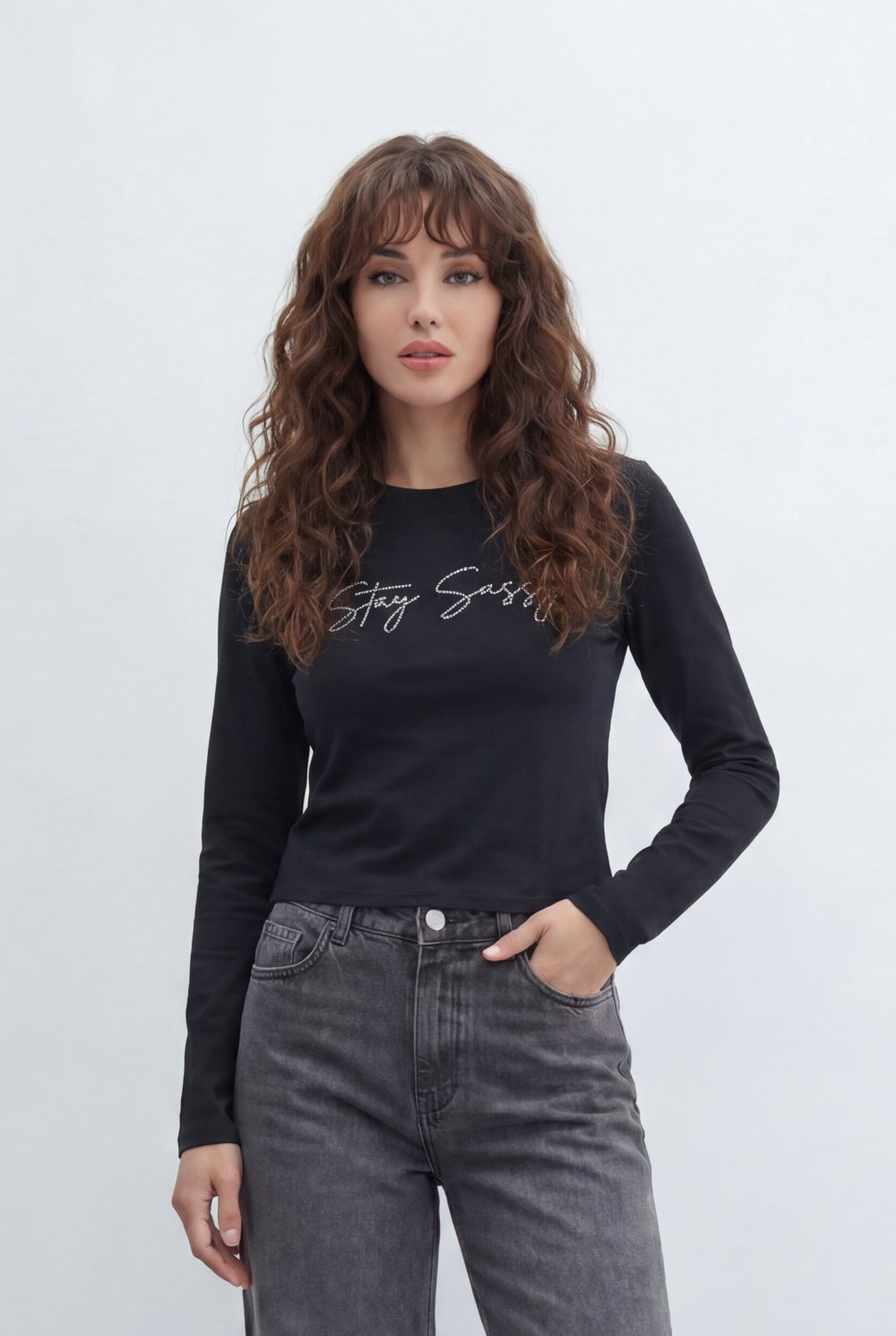Women’s Tomato Store Fitted Long Sleeve Top Minimal Script Graphic Sleek T-Shirt
