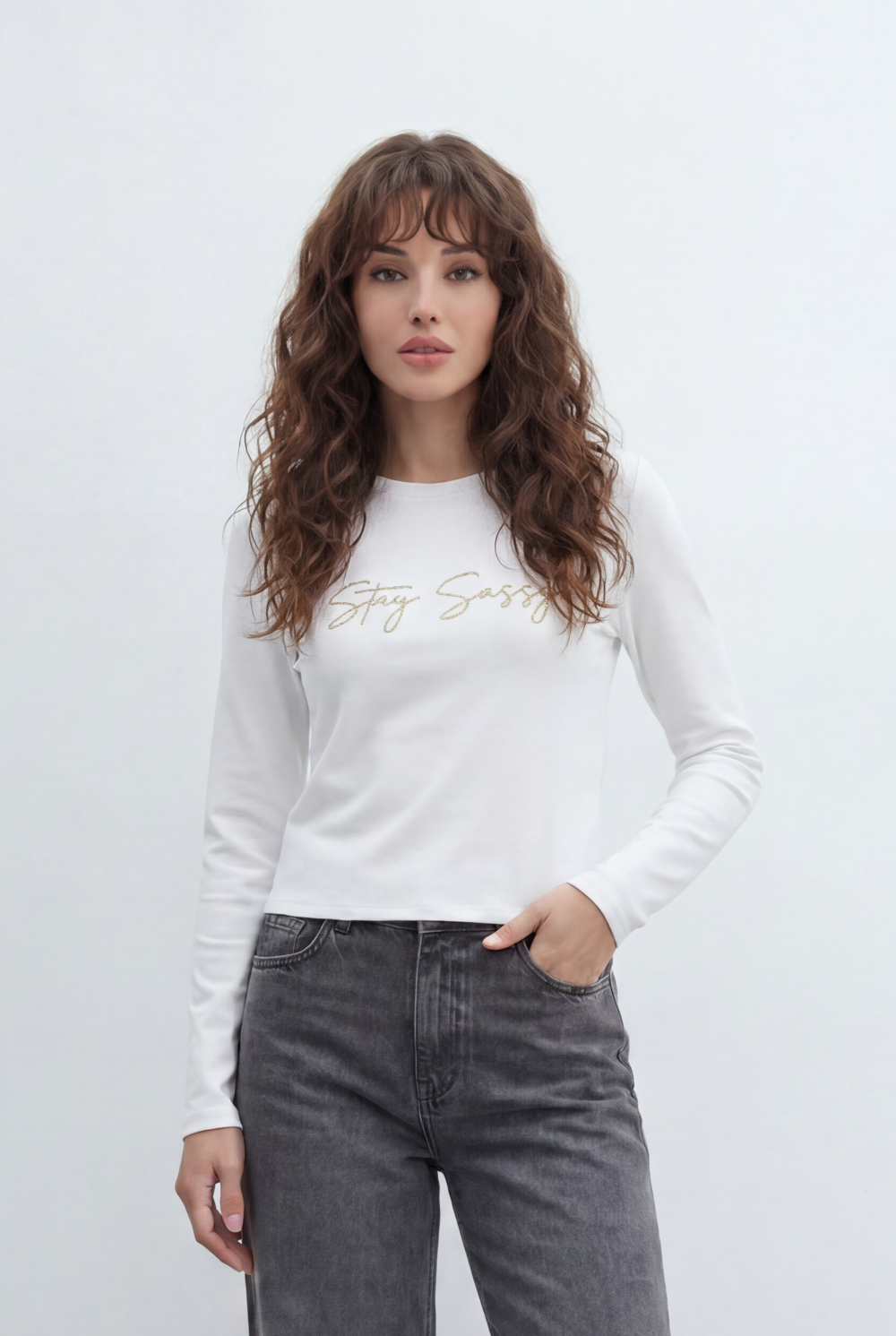 Women’s Tomato Store Fitted Long Sleeve Top Minimal Script Graphic Sleek T-Shirt