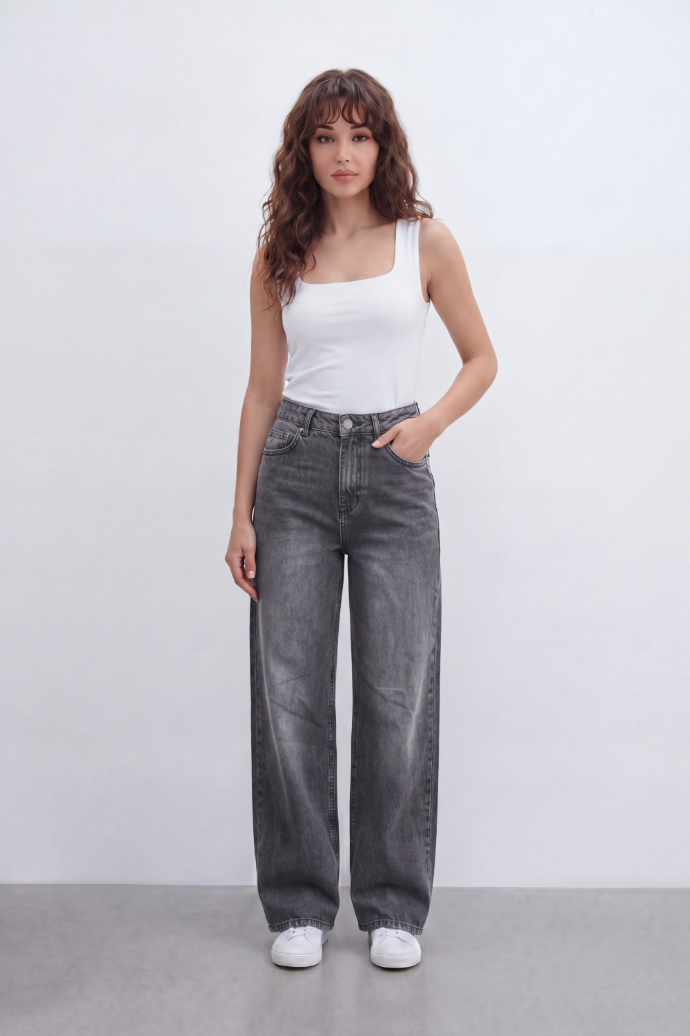 Women’s Tomato Store Shadow Fade Wide Leg Jeans With Smoky Washed Denim Texture Soft Sanded Vertical Fade Effect Pants