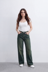 Women's Tomato Store Washed Denim Wide-Leg Jeans Pants High-Rise Waist Vintage Fade Five-Pocket Detail