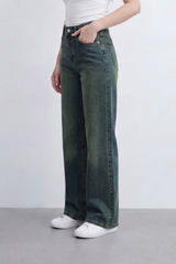 Women's Tomato Store Washed Denim Wide-Leg Jeans Pants High-Rise Waist Vintage Fade Five-Pocket Detail
