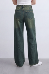 Women's Tomato Store Washed Denim Wide-Leg Jeans Pants High-Rise Waist Vintage Fade Five-Pocket Detail