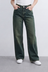 Women's Tomato Store Washed Denim Wide-Leg Jeans Pants High-Rise Waist Vintage Fade Five-Pocket Detail