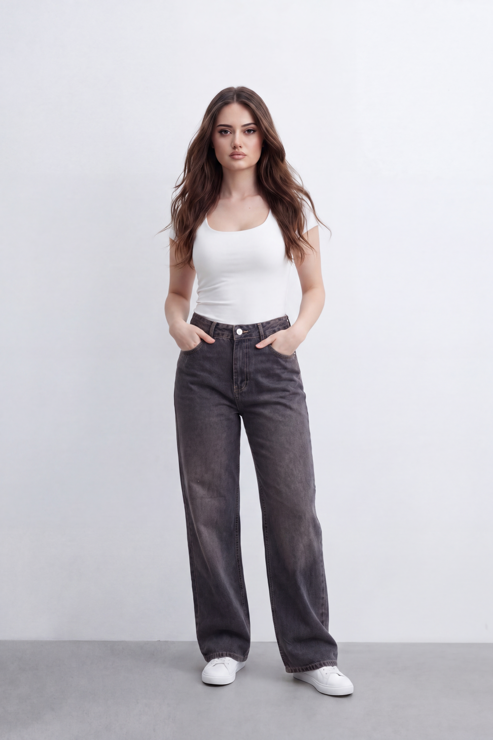Women's Tomato Store Washed Denim Wide-Leg Jeans Pants High-Rise Waist Vintage Fade Five-Pocket Detail