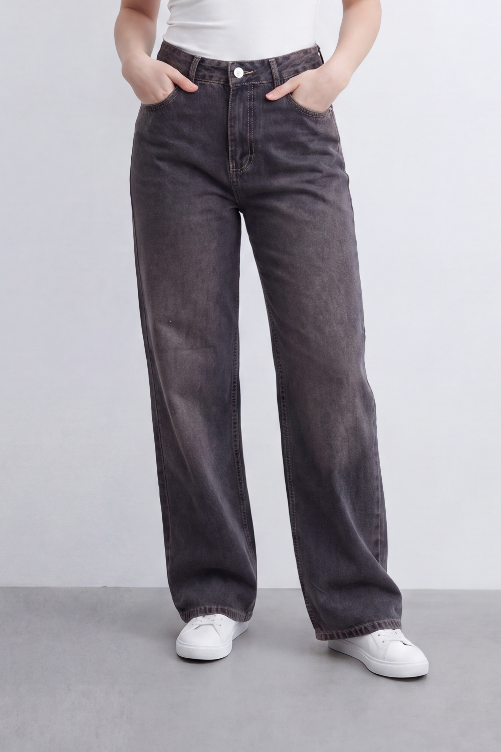 Women's Tomato Store Washed Denim Wide-Leg Jeans Pants High-Rise Waist Vintage Fade Five-Pocket Detail