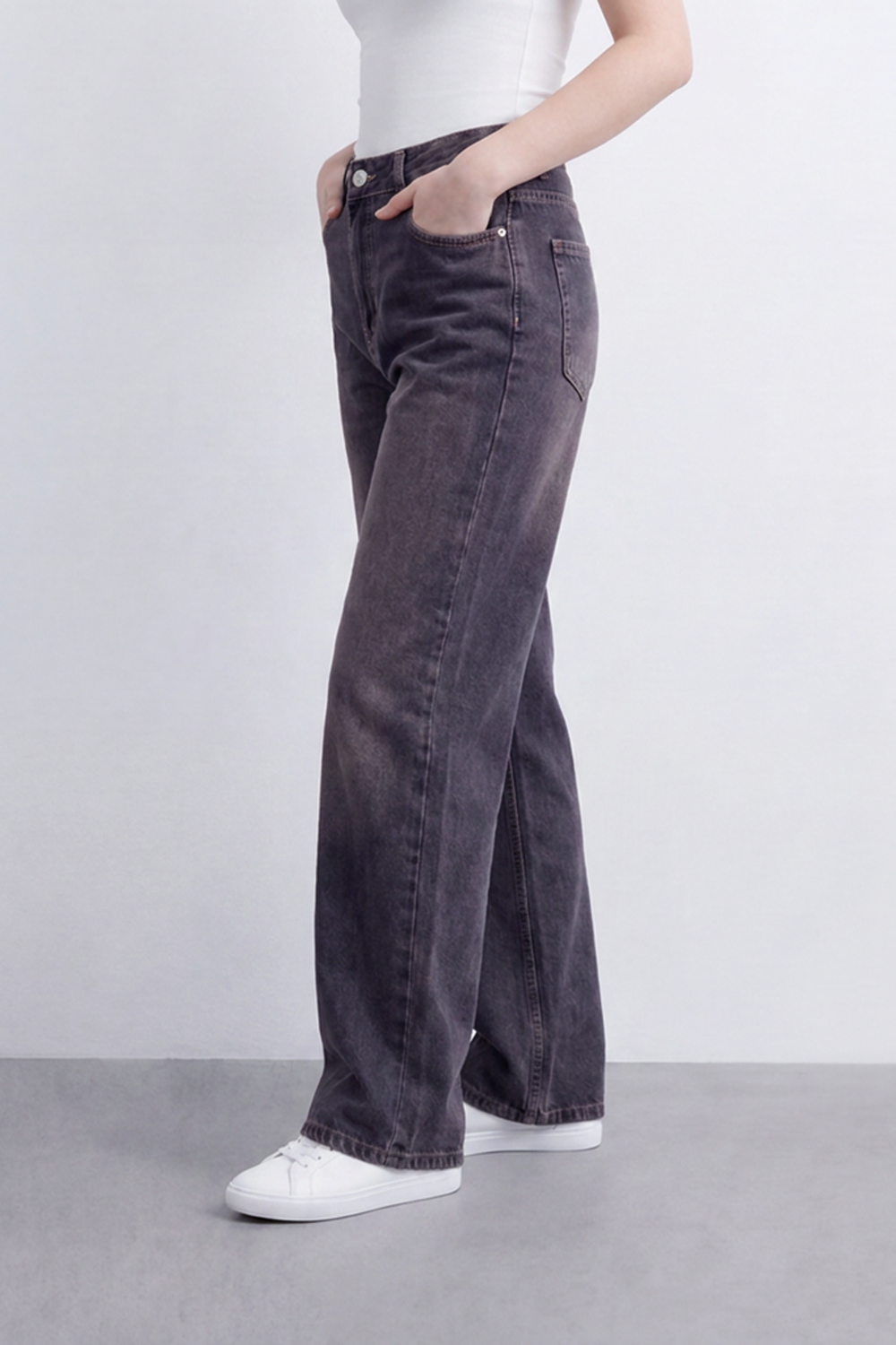 Women's Tomato Store Washed Denim Wide Leg Jeans Pants High-Rise Waist Vintage Fade Five-Pocket Detail