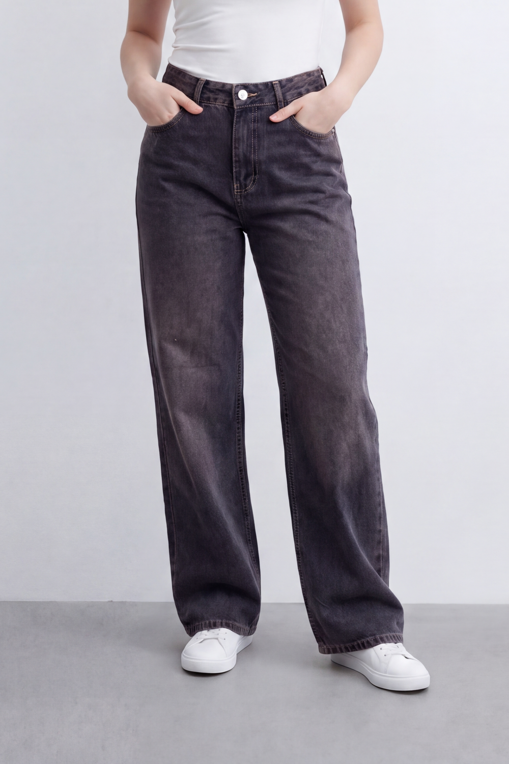 Women's Tomato Store Washed Denim Wide Leg Jeans Pants High-Rise Waist Vintage Fade Five-Pocket Detail