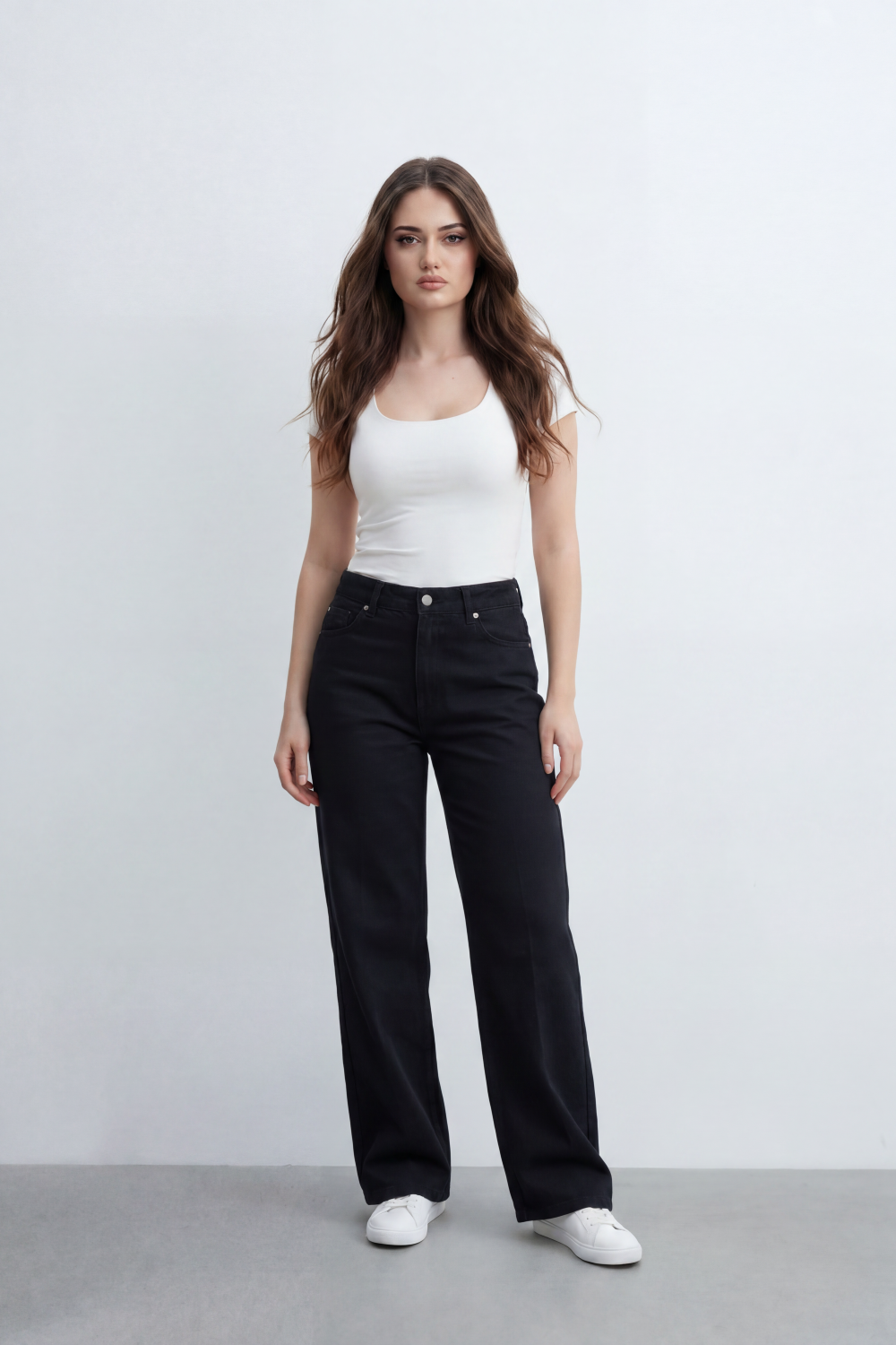 Women’s Tomato Store Plain Rinse Wide Leg Jeans Pants With Clean Solid Denim Texture Smooth Grain Surface Washed Finish