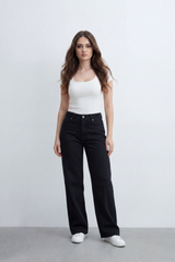 Women’s Tomato Store Plain Rinse Wide Leg Jeans Pants With Clean Solid Denim Texture Smooth Grain Surface Washed Finish