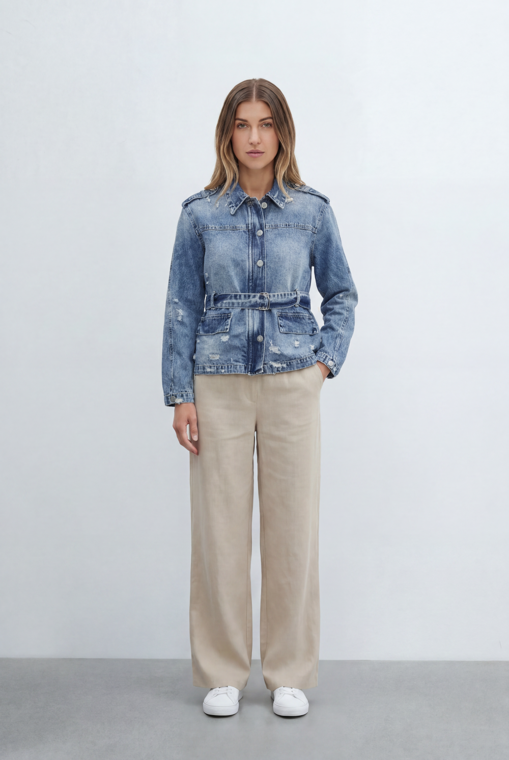 Women’s Denim Utility Jacket Crafted Vintage Wash Finish Featuring Tie Belt Flap Pockets Distressed Details