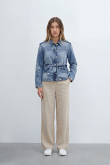 Women’s Denim Utility Jacket Crafted Vintage Wash Finish Featuring Tie Belt Flap Pockets Distressed Details