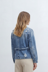 Women’s Denim Utility Jacket Crafted Vintage Wash Finish Featuring Tie Belt Flap Pockets Distressed Details