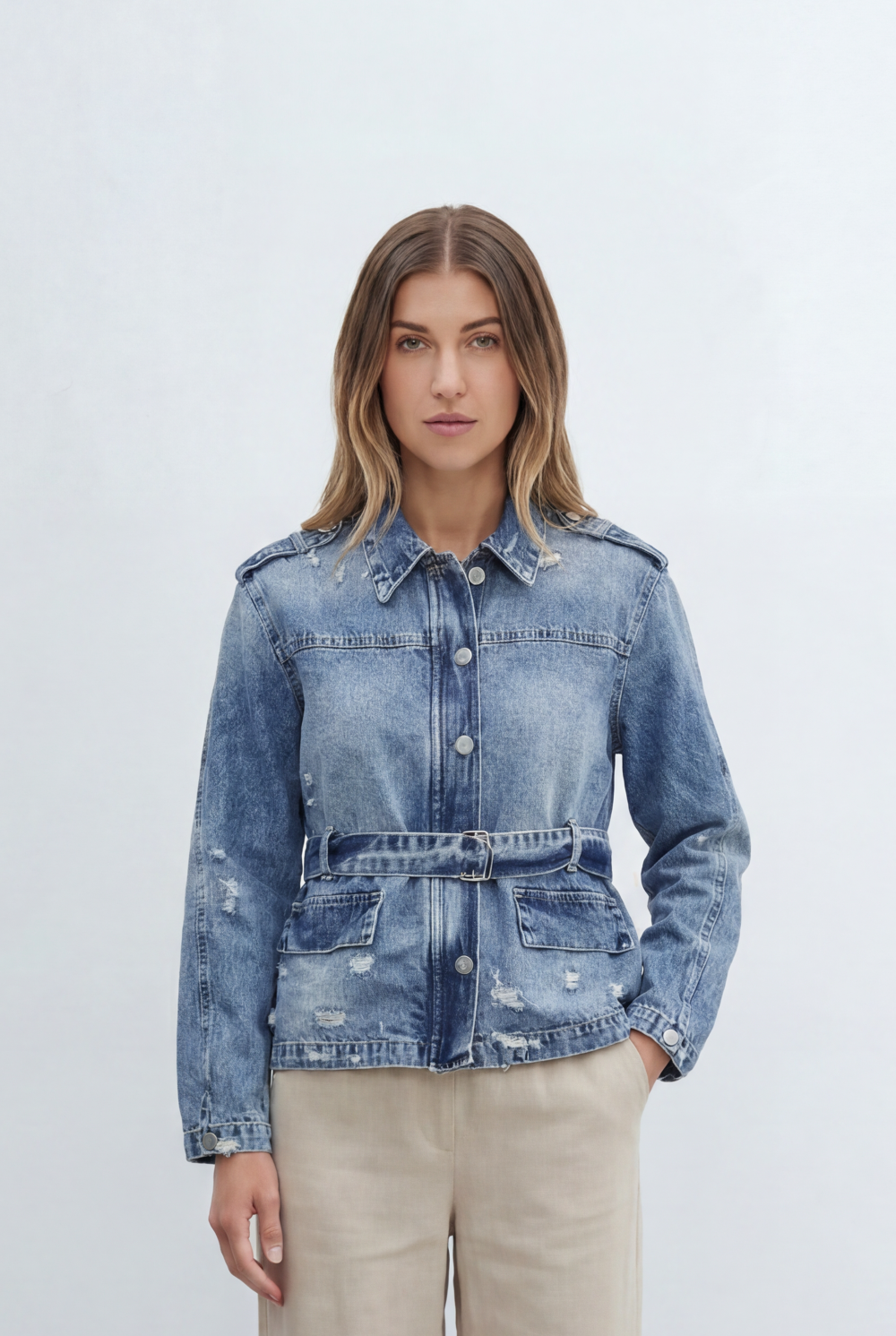 Women’s Denim Utility Jacket Crafted Vintage Wash Finish Featuring Tie Belt Flap Pockets Distressed Details