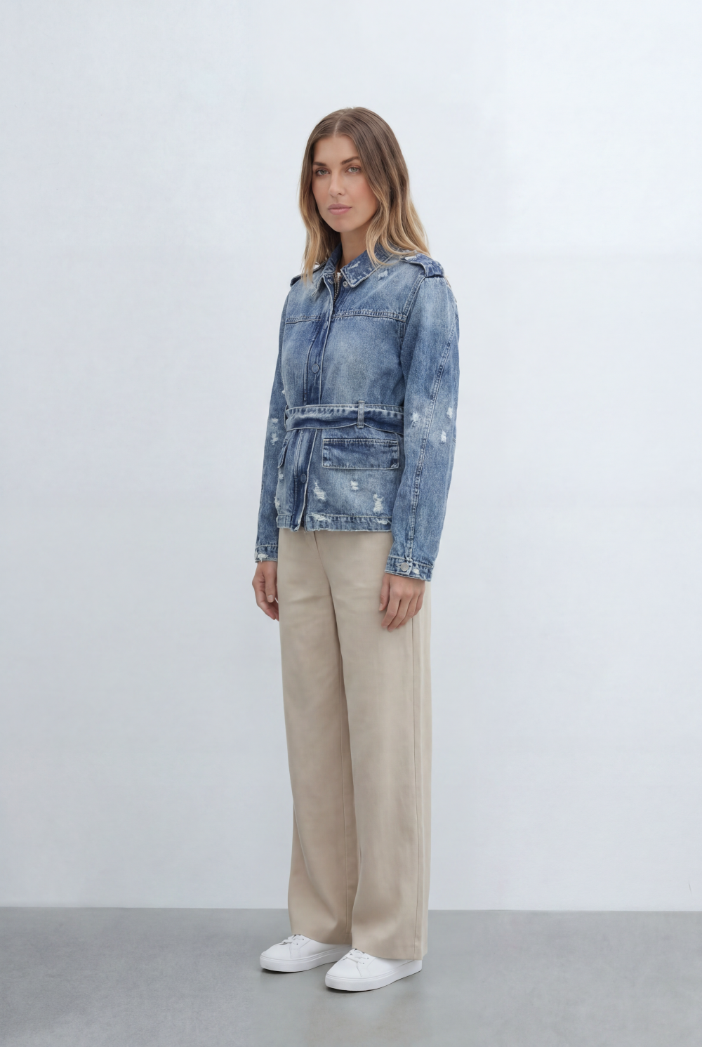 Women’s Denim Utility Jacket Crafted Vintage Wash Finish Featuring Tie Belt Flap Pockets Distressed Details