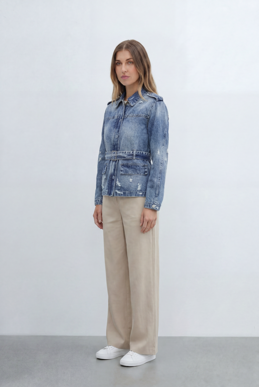 Women’s Tomato Store Denim Utility Jacket Crafted Vintage Wash Finish Featuring Tie Belt