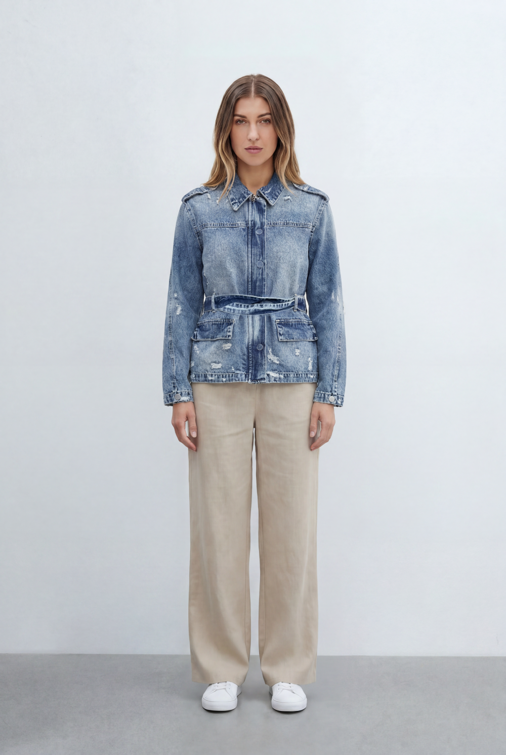 Women’s Tomato Store Denim Utility Jacket Crafted Vintage Wash Finish Featuring Tie Belt